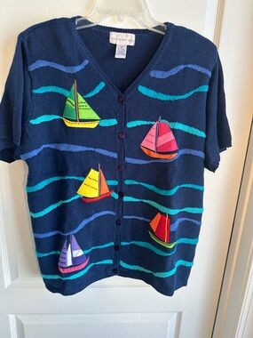 Vintage Susan Graver Navy Short-Sleeve Button Cardigan with Colorful Sailboats